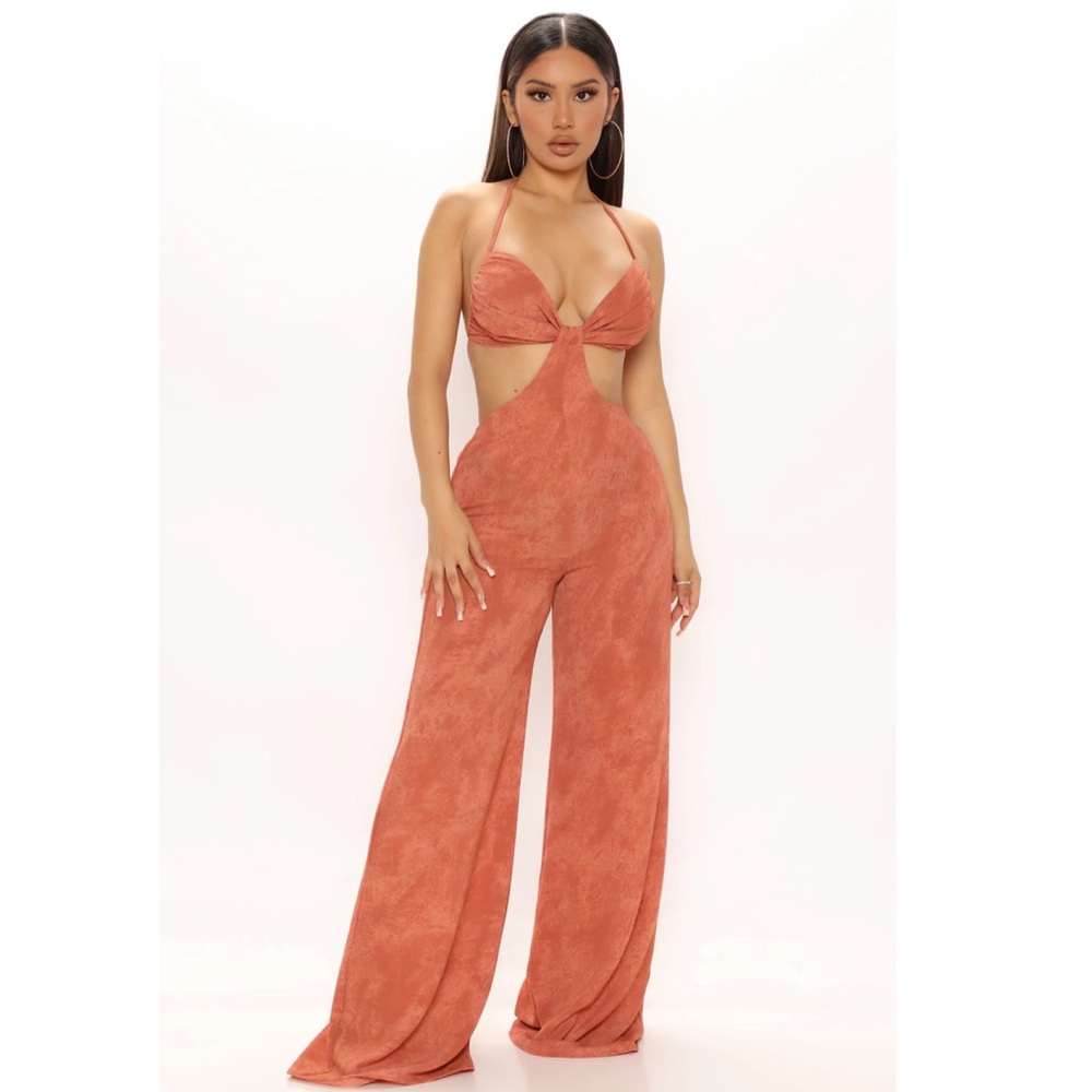 Fashion Nova Monica Mineral Wash Jumpsuit - Rust (XS)